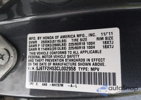 2012 Honda Crosstour Ex-L z USA, uszkodzony, nr VIN 5J6TF2H53CL002958